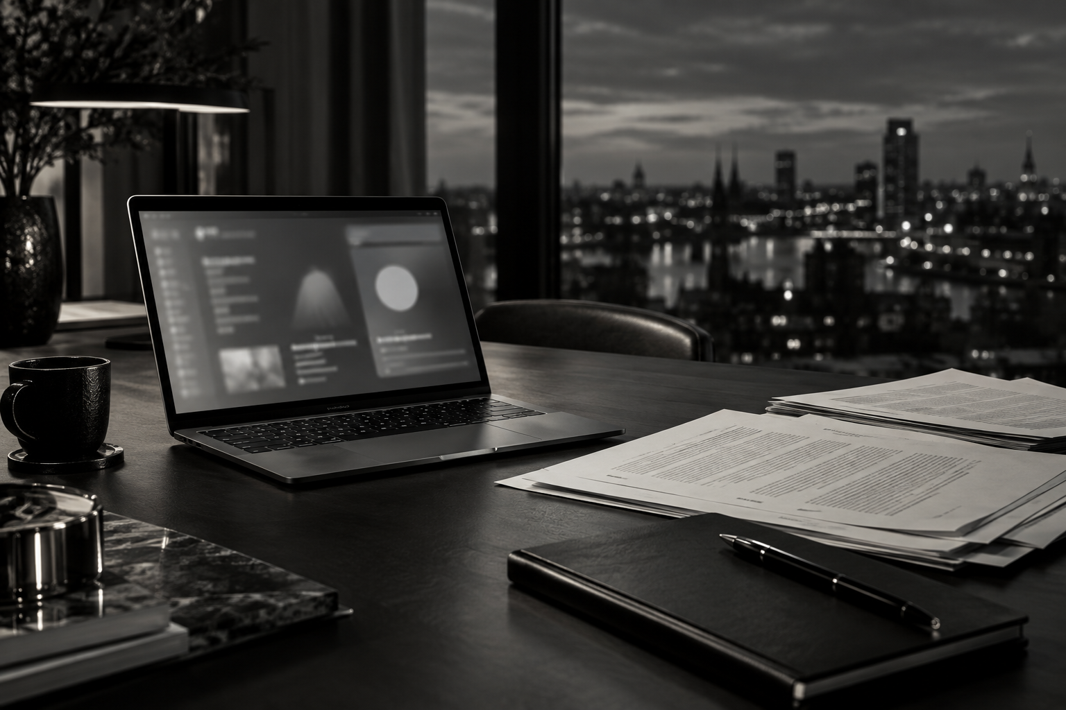 Laptop en contractstukken in een donkere kantooromgeving