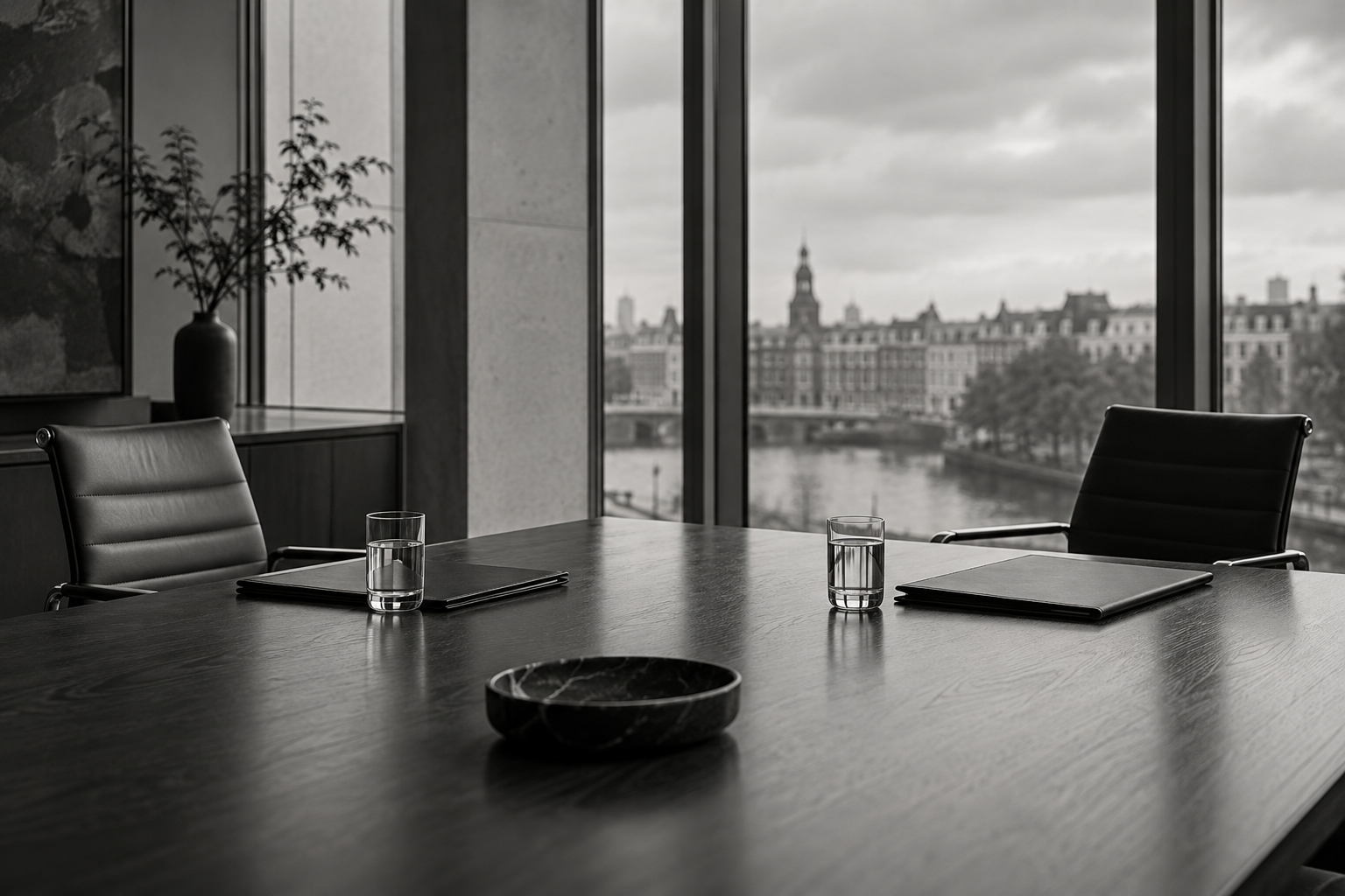 Twee lege stoelen tegenover elkaar aan een vergadertafel