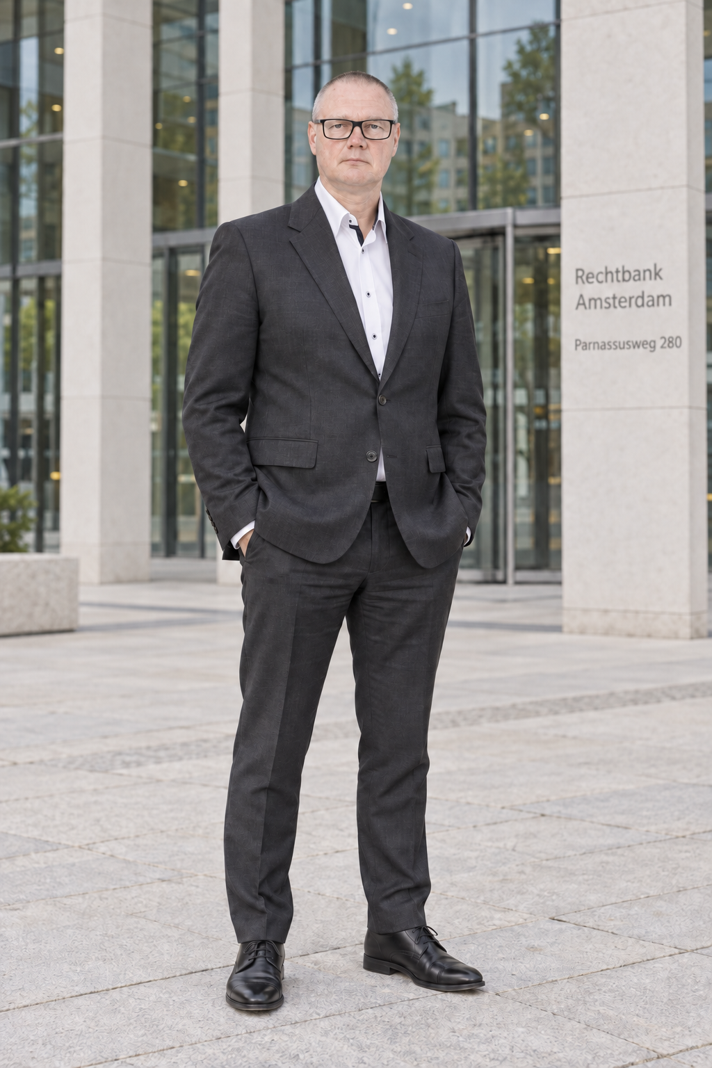 Bewerkte foto van Robert Esseboom, staand voor de ingang van de Rechtbank Amsterdam